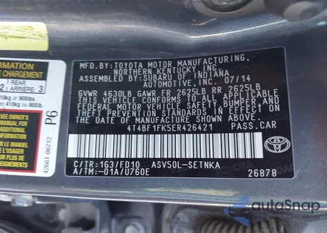 2014 Toyota Camry Le from USA, damaged, VIN 4T4BF1FK5ER426421